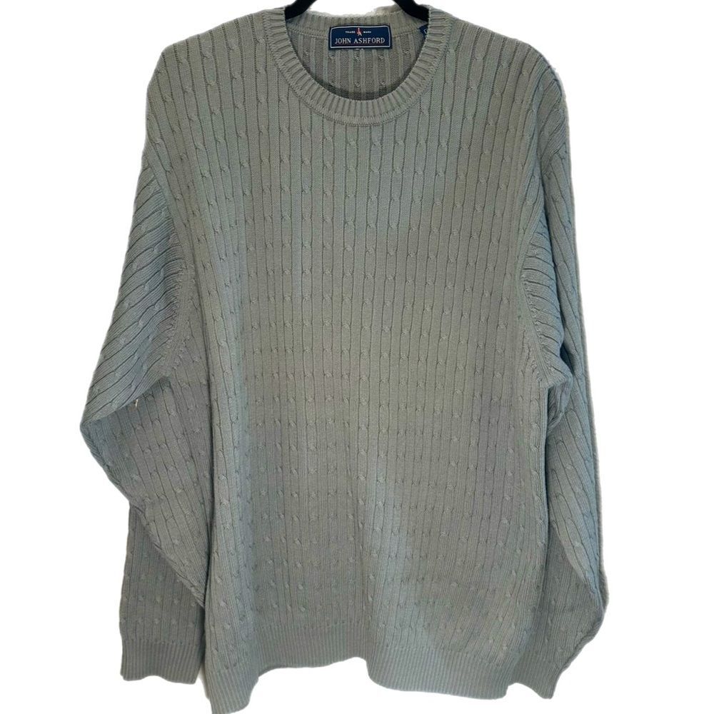 Vintage JOHN ASHFORD Cable Knit Pullover Grandpa Sweater 100% Cotton Gray XXL